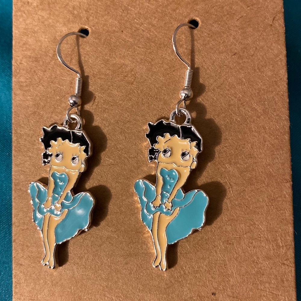Silver tone Betty boop light blue dress enamel earrings